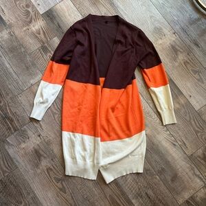 Women’s Medium Colorblock Cardigan Open Long Sleeve Brown Orange Cream Duster